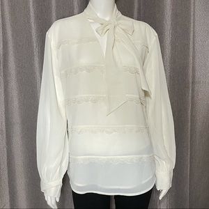 Lauren by Ralph Lauren White Clam Lace Sheer Long Sleeve Top Blouse Large